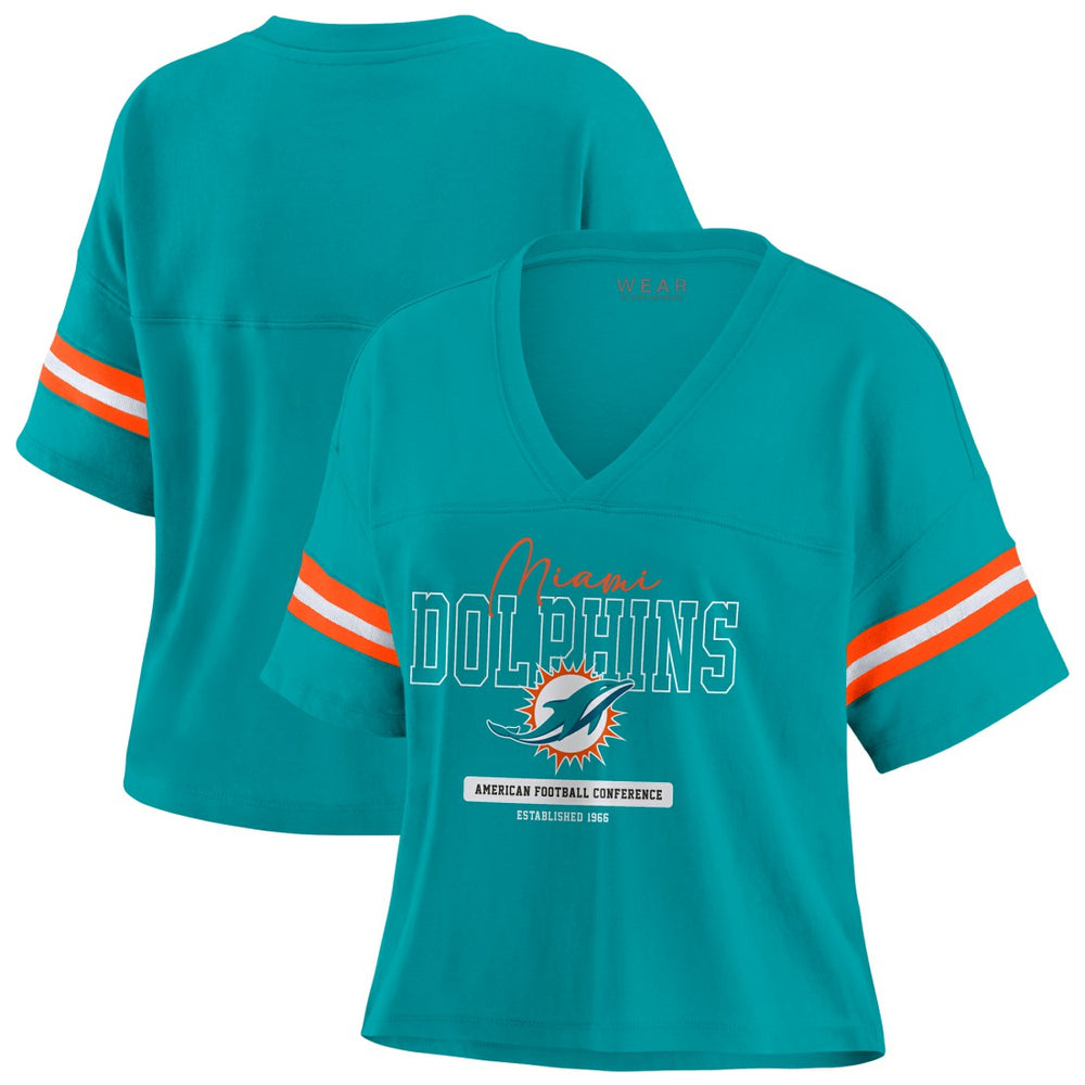Miami Dolphins  WEAR by Erin Andrews Women's Color Block Boxy Modest Crop V-Neck T-Shirt