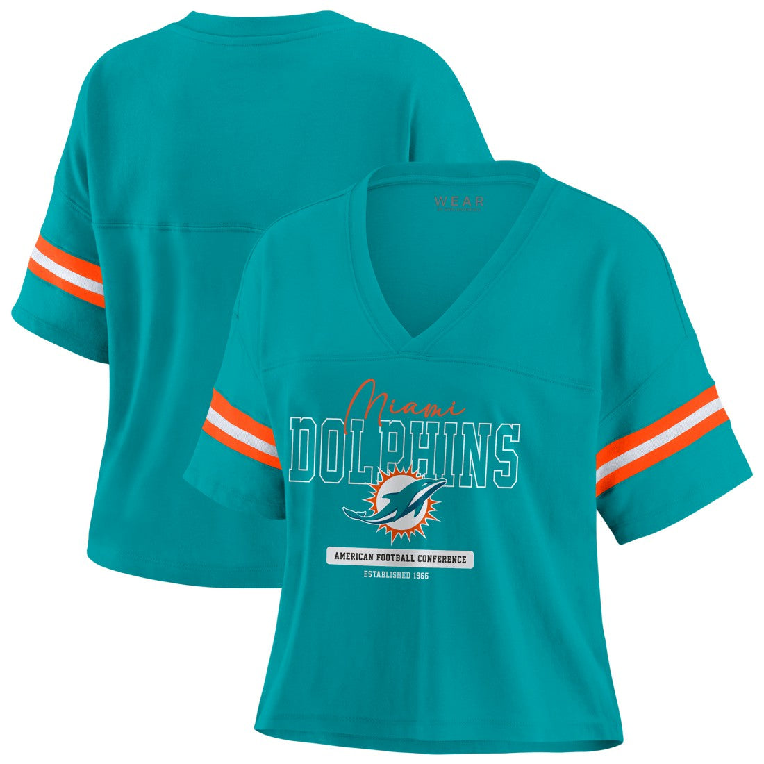 Miami Dolphins  WEAR by Erin Andrews Women's Color Block Boxy Modest Crop V-Neck T-Shirt