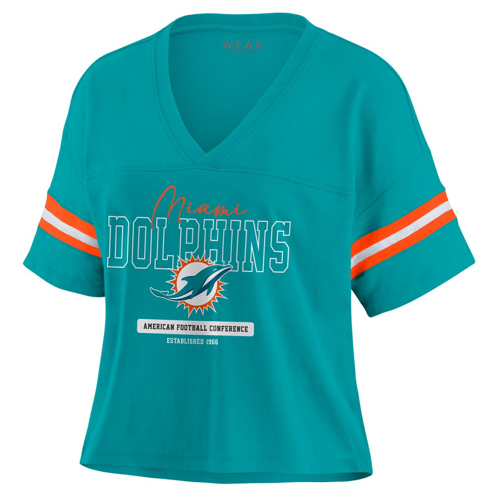 Miami Dolphins  WEAR by Erin Andrews Women's Color Block Boxy Modest Crop V-Neck T-Shirt