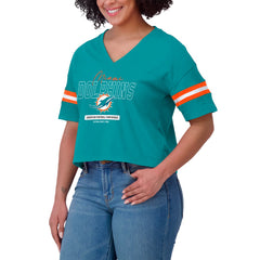 Miami Dolphins  WEAR by Erin Andrews Women's Color Block Boxy Modest Crop V-Neck T-Shirt