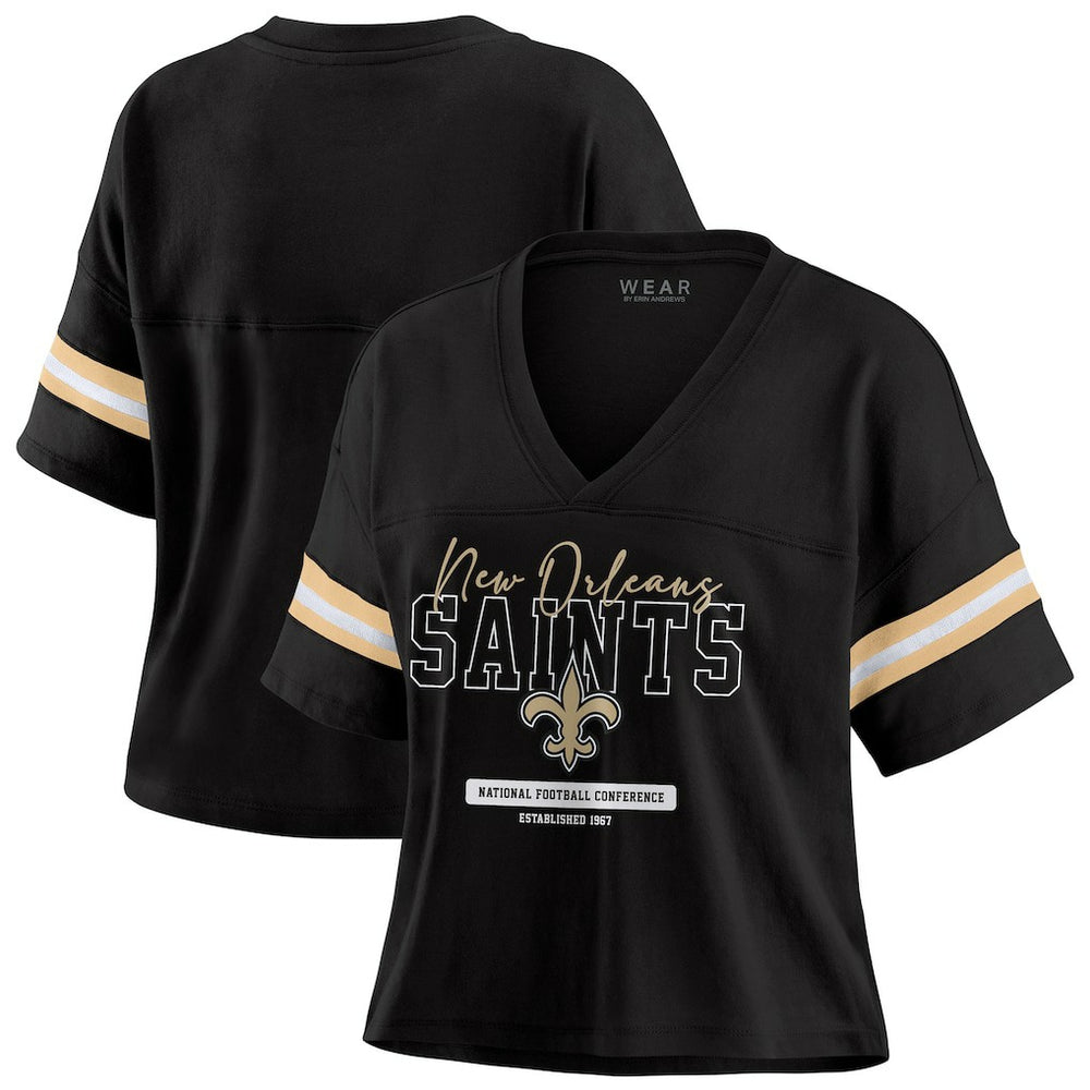 New Orleans Saints  WEAR by Erin Andrews Women's Color Block Boxy Modest Crop V-Neck T-Shirt