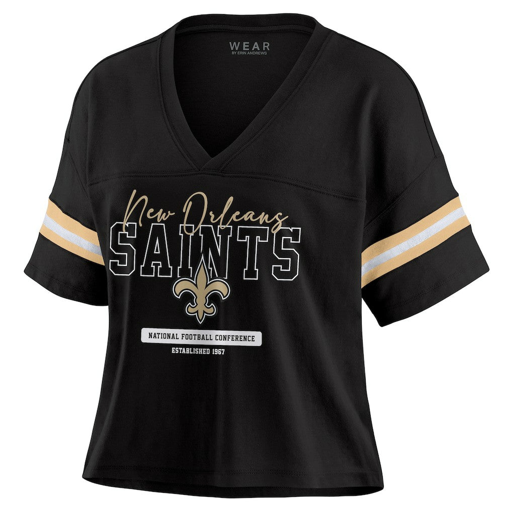 New Orleans Saints  WEAR by Erin Andrews Women's Color Block Boxy Modest Crop V-Neck T-Shirt