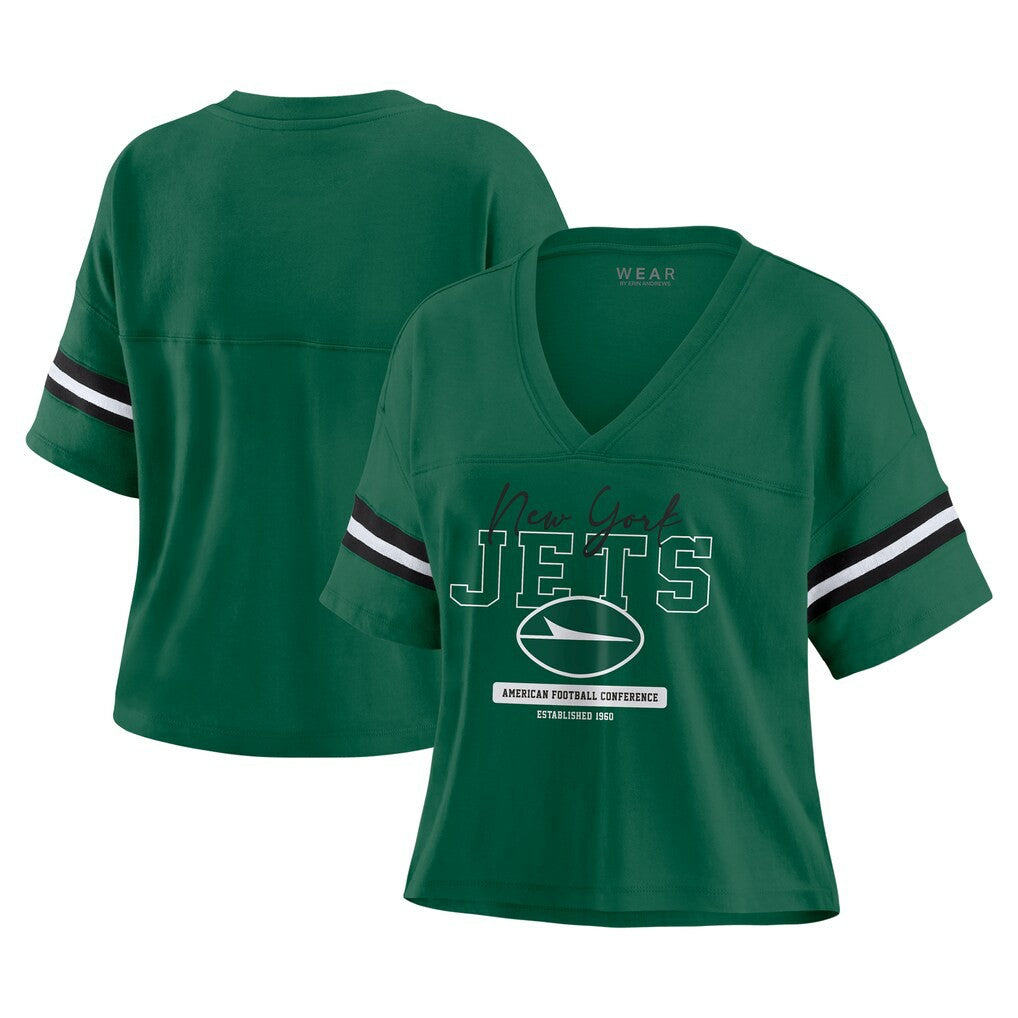 New York Jets  WEAR by Erin Andrews Women's Color Block Boxy Modest Crop V-Neck T-Shirt