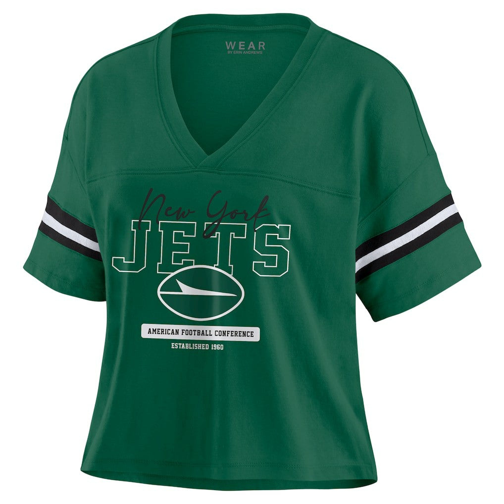New York Jets  WEAR by Erin Andrews Women's Color Block Boxy Modest Crop V-Neck T-Shirt