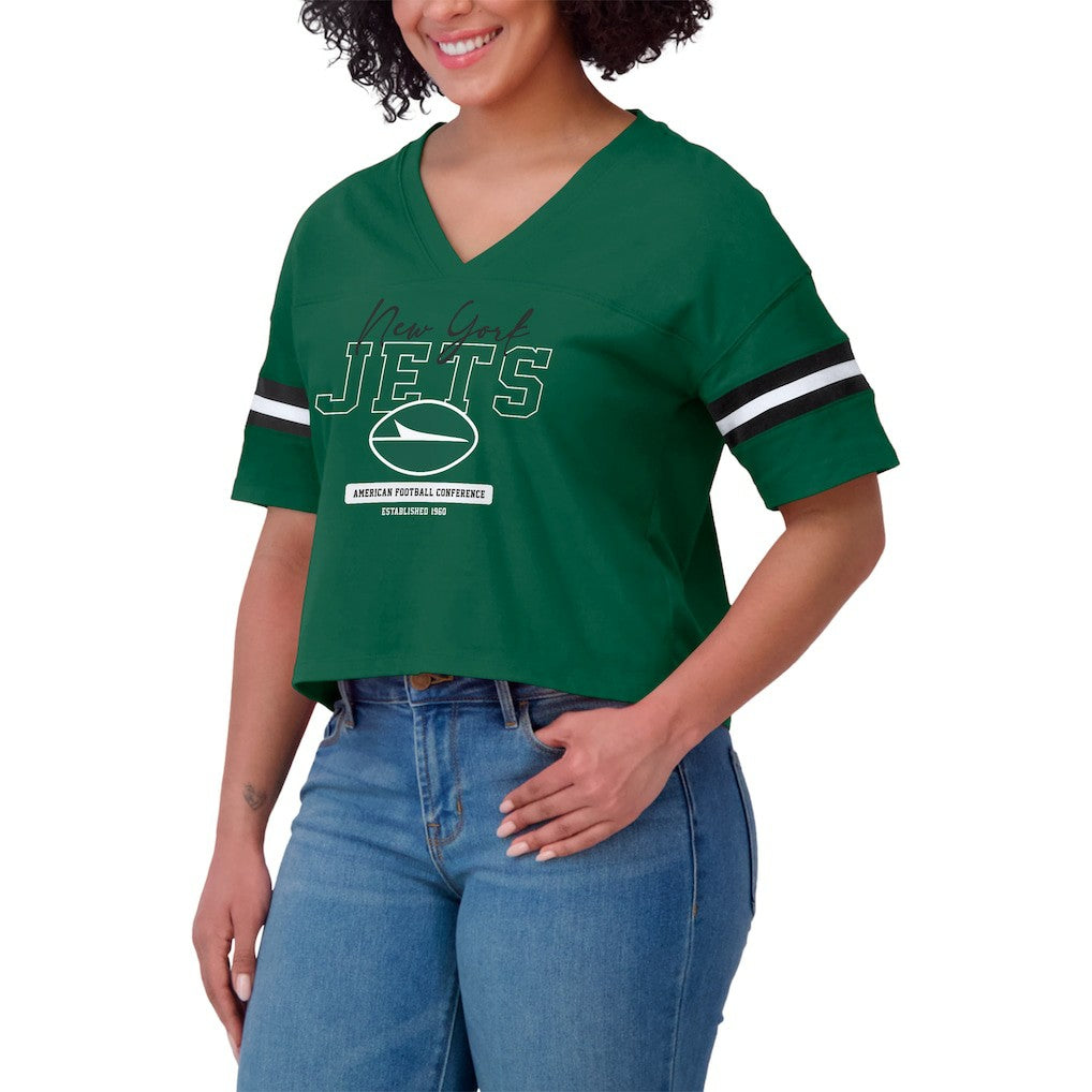 New York Jets  WEAR by Erin Andrews Women's Color Block Boxy Modest Crop V-Neck T-Shirt