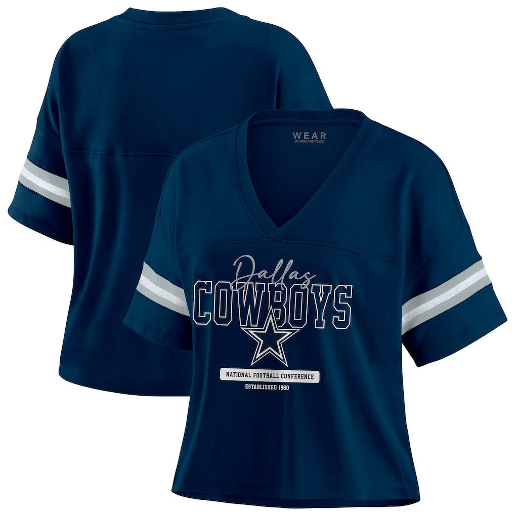 Dallas Cowboys  WEAR by Erin Andrews Women's Color Block Boxy Modest Crop V-Neck T-Shirt