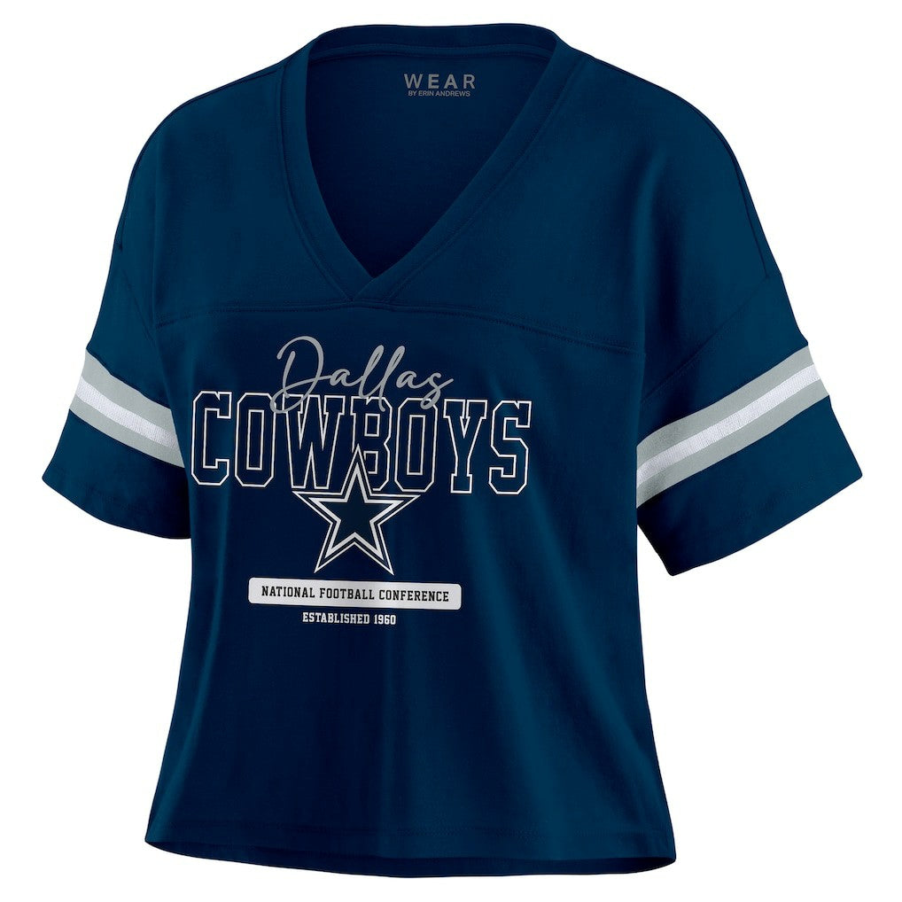Dallas Cowboys  WEAR by Erin Andrews Women's Color Block Boxy Modest Crop V-Neck T-Shirt