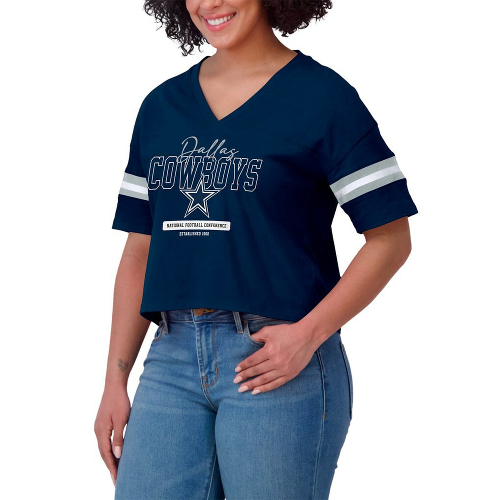 Dallas Cowboys  WEAR by Erin Andrews Women's Color Block Boxy Modest Crop V-Neck T-Shirt