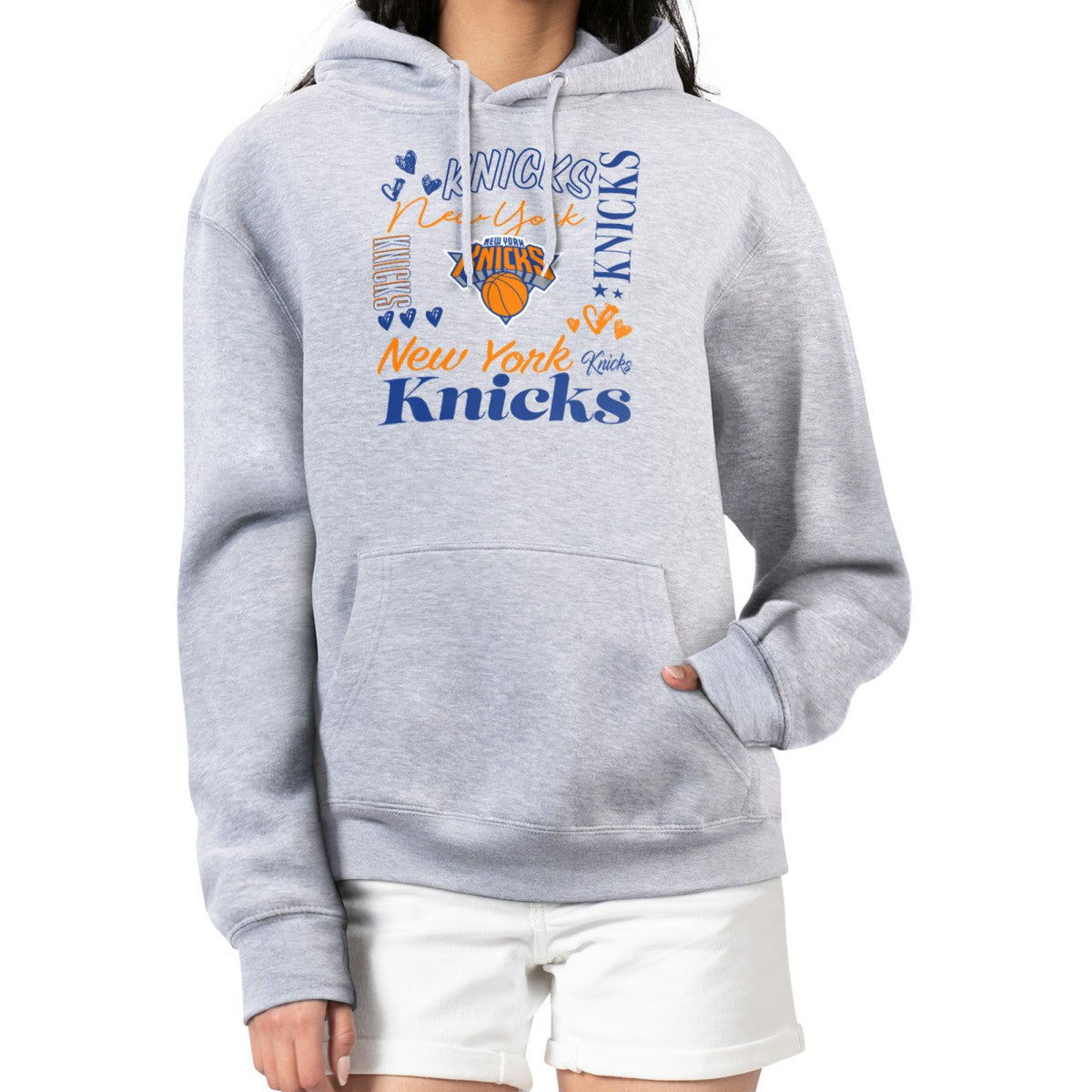New York Knicks G-III 4Her by Carl Banks Women's Team Collage Graphic Fleece Pullover Hoodie On Sale