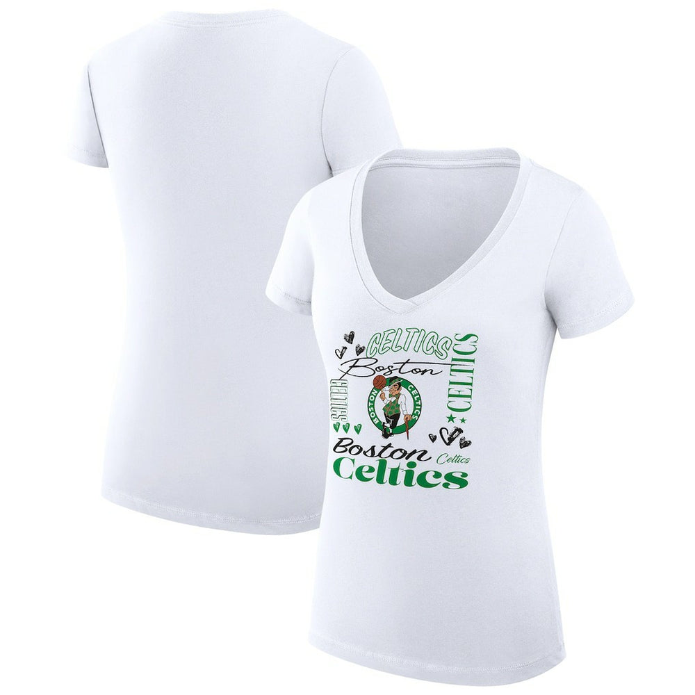 Boston Celtics G-III 4Her by Carl Banks Women's Super-Slim Fit Lightweight Team Name Collage Graphic V-Neck T-Shirt Outlet