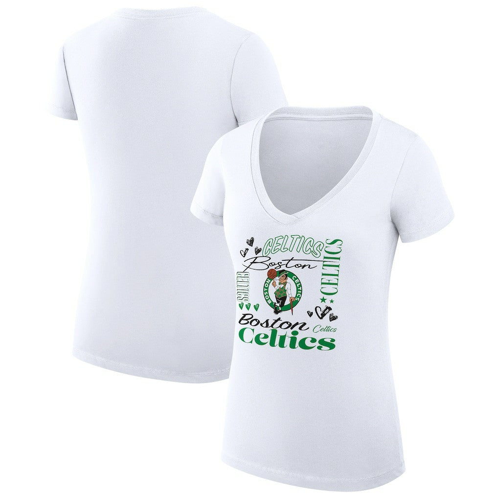 Boston Celtics G-III 4Her by Carl Banks Women's Super-Slim Fit Lightweight Team Name Collage Graphic V-Neck T-Shirt Outlet