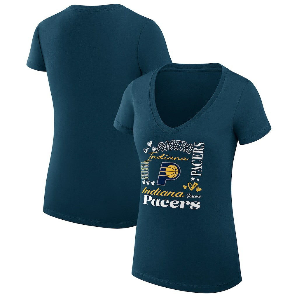 Indiana Pacers G-III 4Her by Carl Banks Women's Super-Slim Fit Lightweight Team Name Collage Graphic V-Neck T-Shirt Outlet