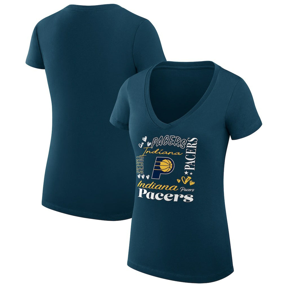 Indiana Pacers G-III 4Her by Carl Banks Women's Super-Slim Fit Lightweight Team Name Collage Graphic V-Neck T-Shirt Outlet