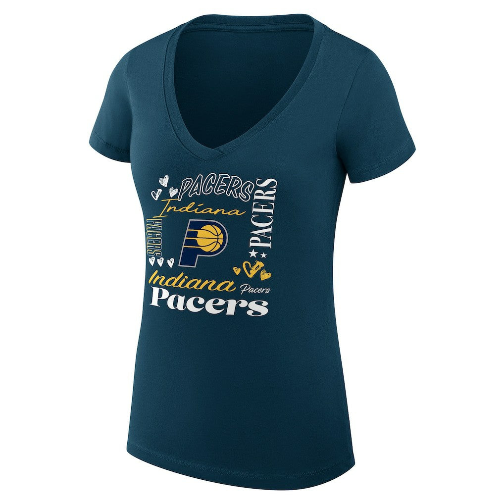 Indiana Pacers G-III 4Her by Carl Banks Women's Super-Slim Fit Lightweight Team Name Collage Graphic V-Neck T-Shirt Outlet