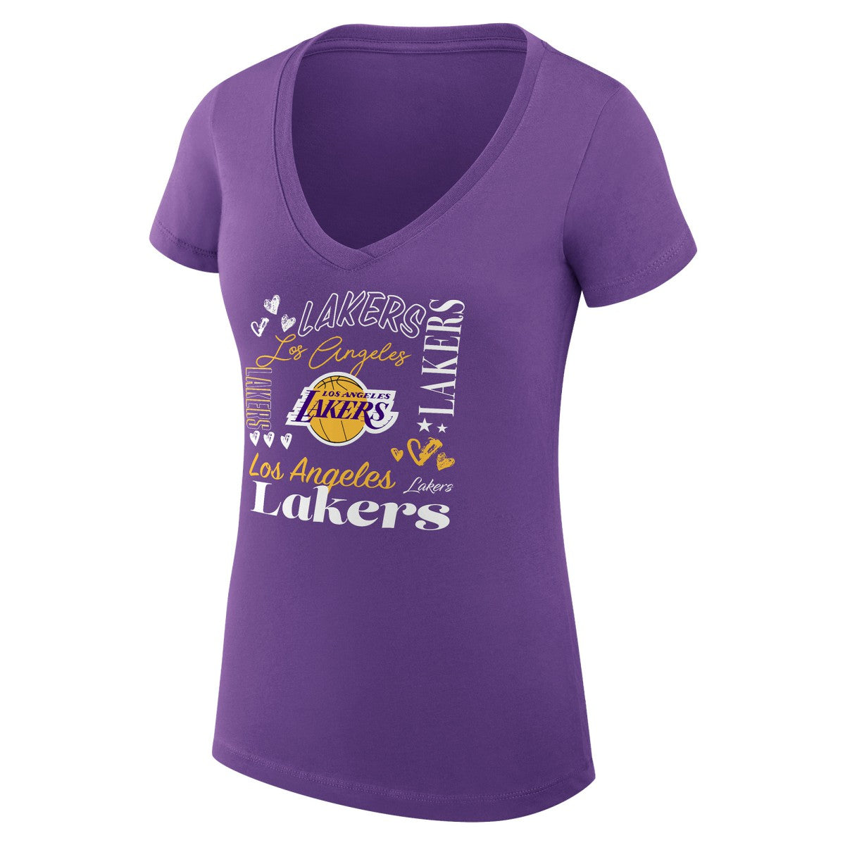 Los Angeles Lakers G-III 4Her by Carl Banks Women's Super-Slim Fit Lightweight Team Name Collage Graphic V-Neck T-Shirt Discount
