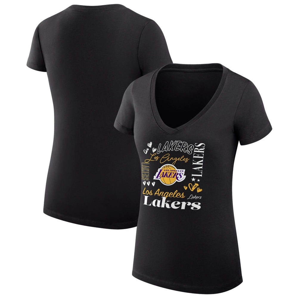 Los Angeles Lakers G-III 4Her by Carl Banks Women's Super-Slim Fit Lightweight Team Name Collage Graphic V-Neck T-Shirt Outlet