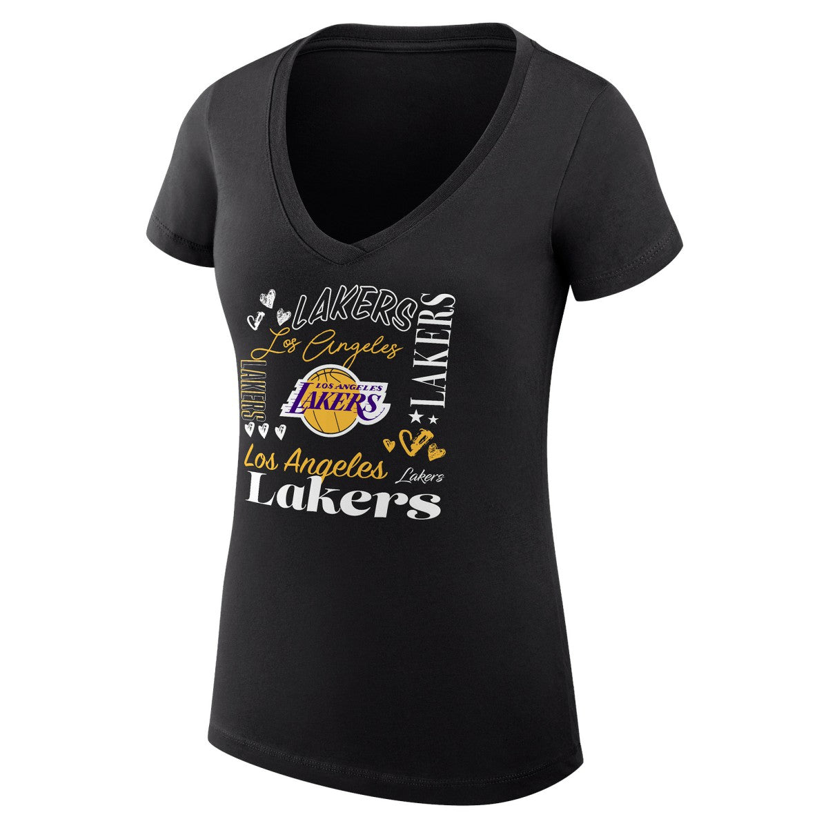 Los Angeles Lakers G-III 4Her by Carl Banks Women's Super-Slim Fit Lightweight Team Name Collage Graphic V-Neck T-Shirt Outlet