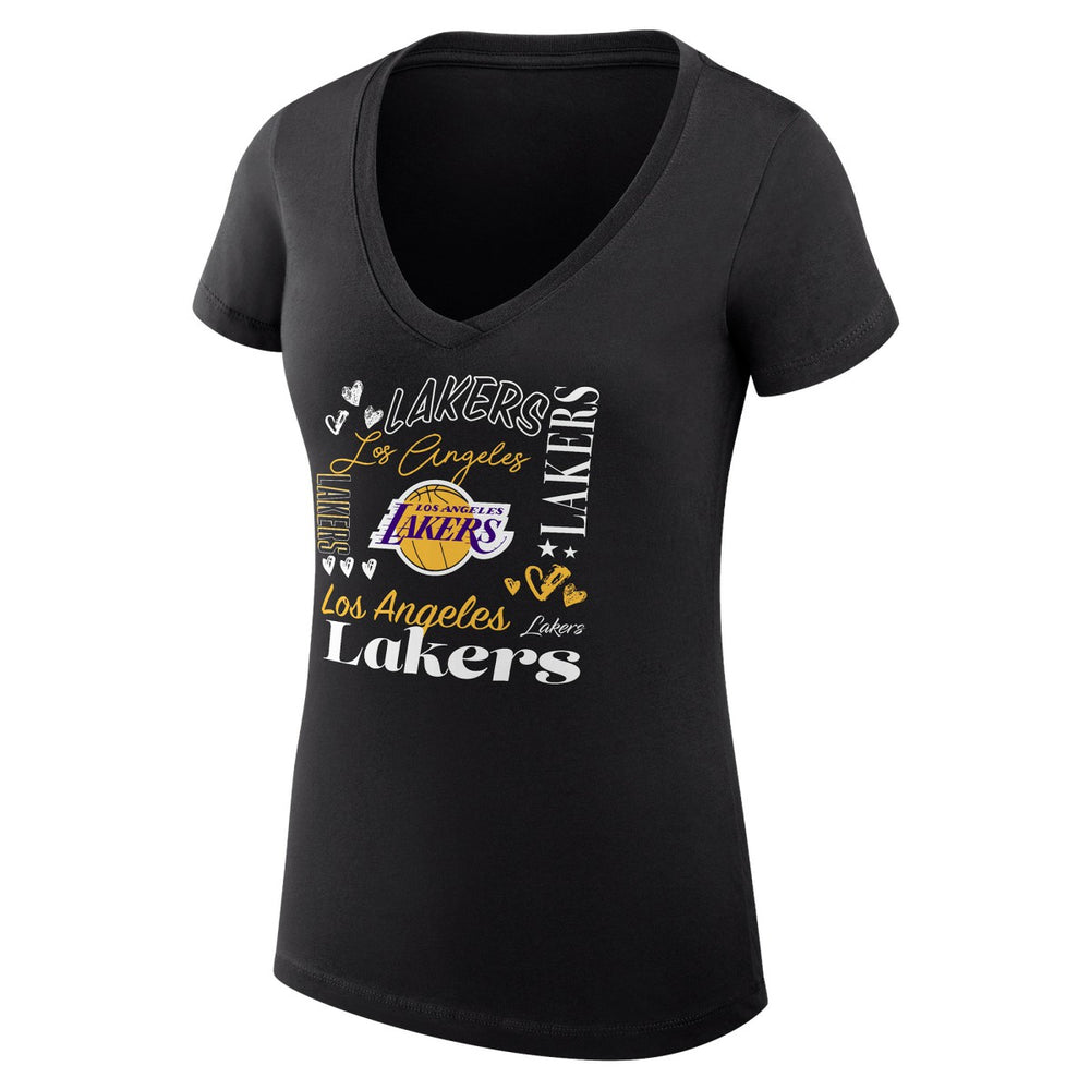 Los Angeles Lakers G-III 4Her by Carl Banks Women's Super-Slim Fit Lightweight Team Name Collage Graphic V-Neck T-Shirt Outlet