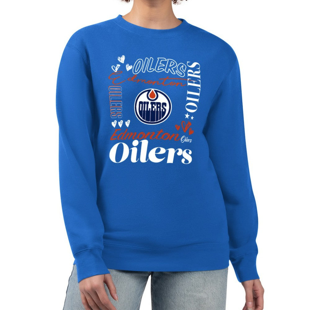 Edmonton Oilers G-III 4Her by Carl Banks Women's Collage Graphic Fleece Long Sleeve Pullover Sweatshirt For Sale