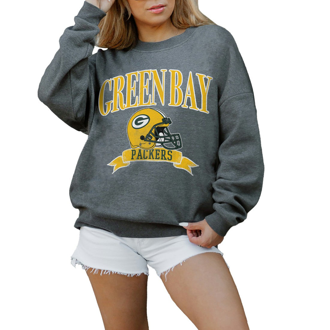 Green Bay Packers  Gameday Couture Women's Oversized Seal The Deal Premium Fleece Drop Shoulder Pullover Sweatshirt