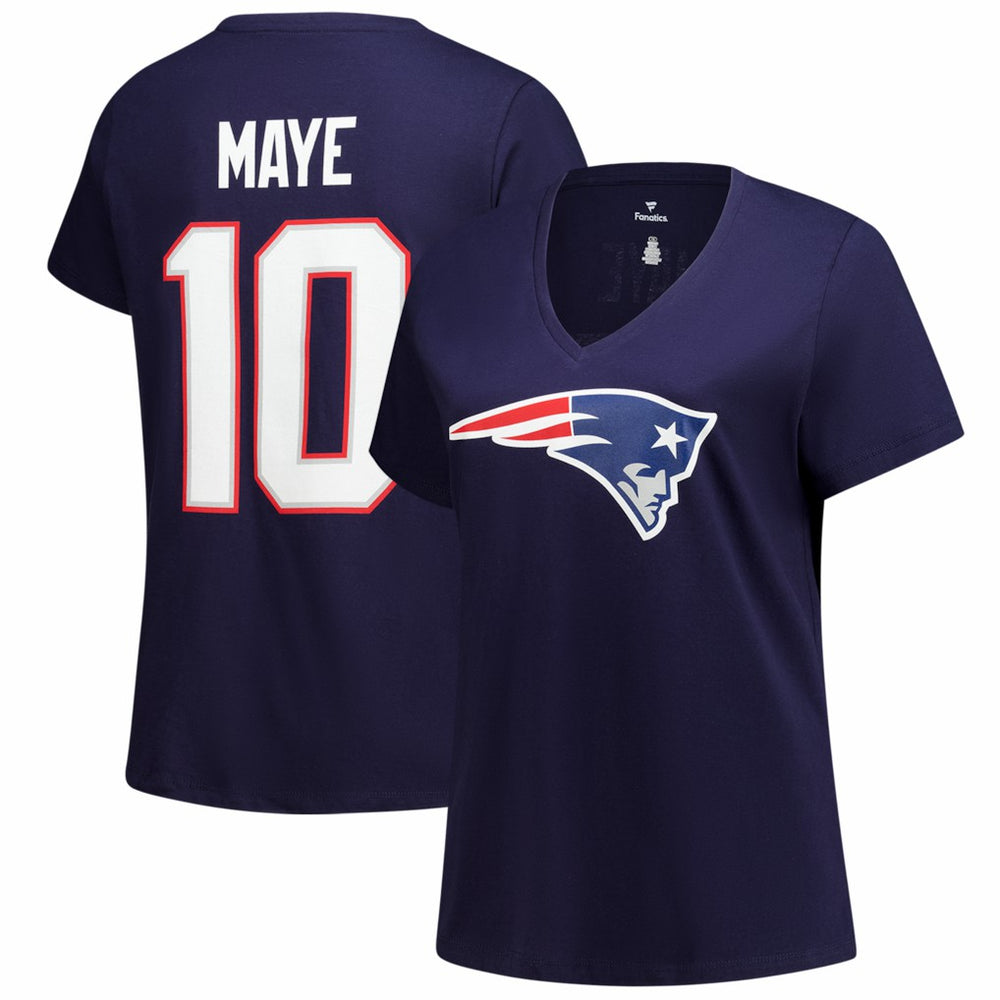 New England Patriots Fanatics Drake Maye  Women's Plus Size Name & Number V-Neck T-Shirt