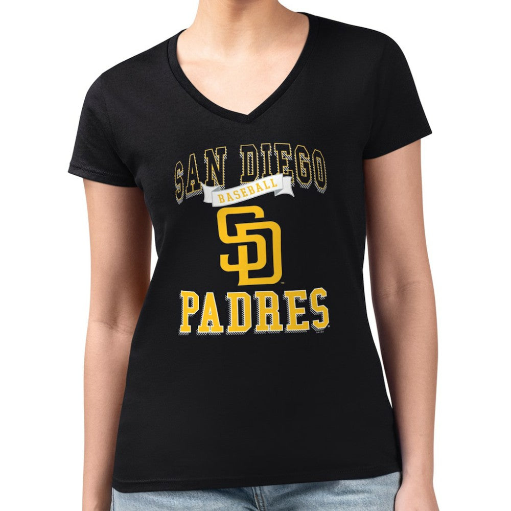San Diego Padres G-III 4Her by Carl Banks Women's Super-Slim Fit Lightweight Team Logo Graphic V-Neck T-Shirt | MLB New