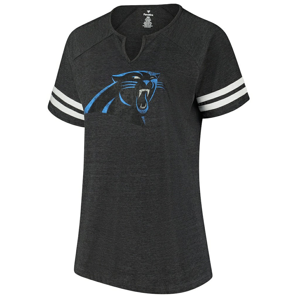 Carolina Panthers Fanatics Women's Plus Size Logo Striped Raglan Notch Neck T-Shirt