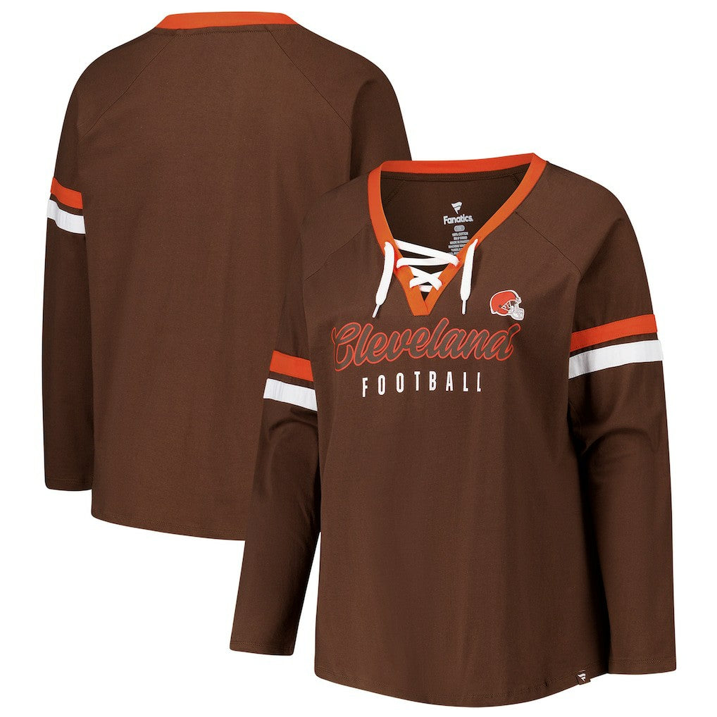 Cleveland Browns Fanatics Women's Plus Size Won & Done Lace-Up V-Neck Long Sleeve T-Shirt