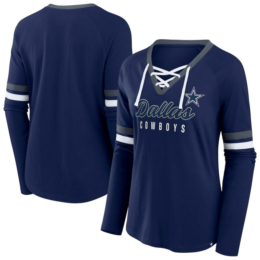 Dallas Cowboys Fanatics Women's Plus Size Won & Done Lace-Up V-Neck Long Sleeve T-Shirt