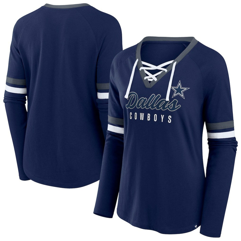 Dallas Cowboys Fanatics Women's Plus Size Won & Done Lace-Up V-Neck Long Sleeve T-Shirt