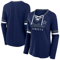 Dallas Cowboys Fanatics Women's Plus Size Won & Done Lace-Up V-Neck Long Sleeve T-Shirt