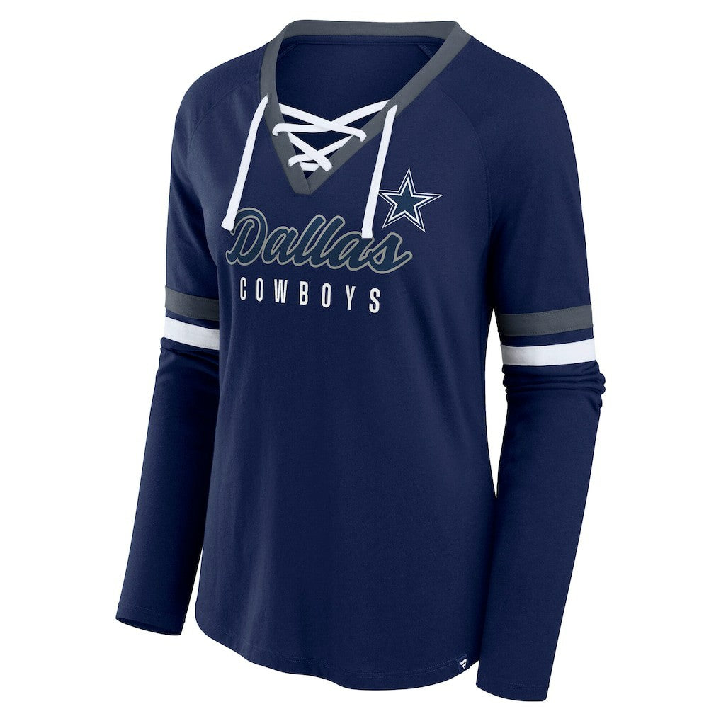 Dallas Cowboys Fanatics Women's Plus Size Won & Done Lace-Up V-Neck Long Sleeve T-Shirt