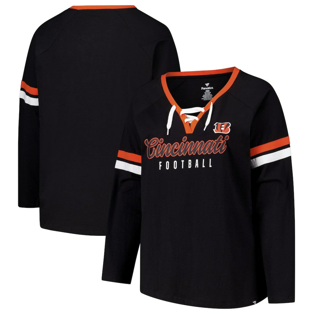 Cincinnati Bengals Fanatics Women's Plus Size Won & Done Lace-Up V-Neck Long Sleeve T-Shirt