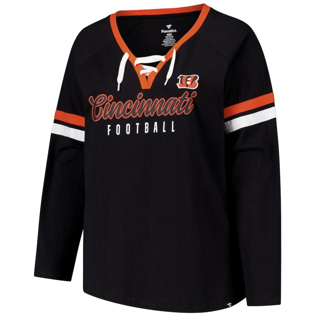 Cincinnati Bengals Fanatics Women's Plus Size Won & Done Lace-Up V-Neck Long Sleeve T-Shirt