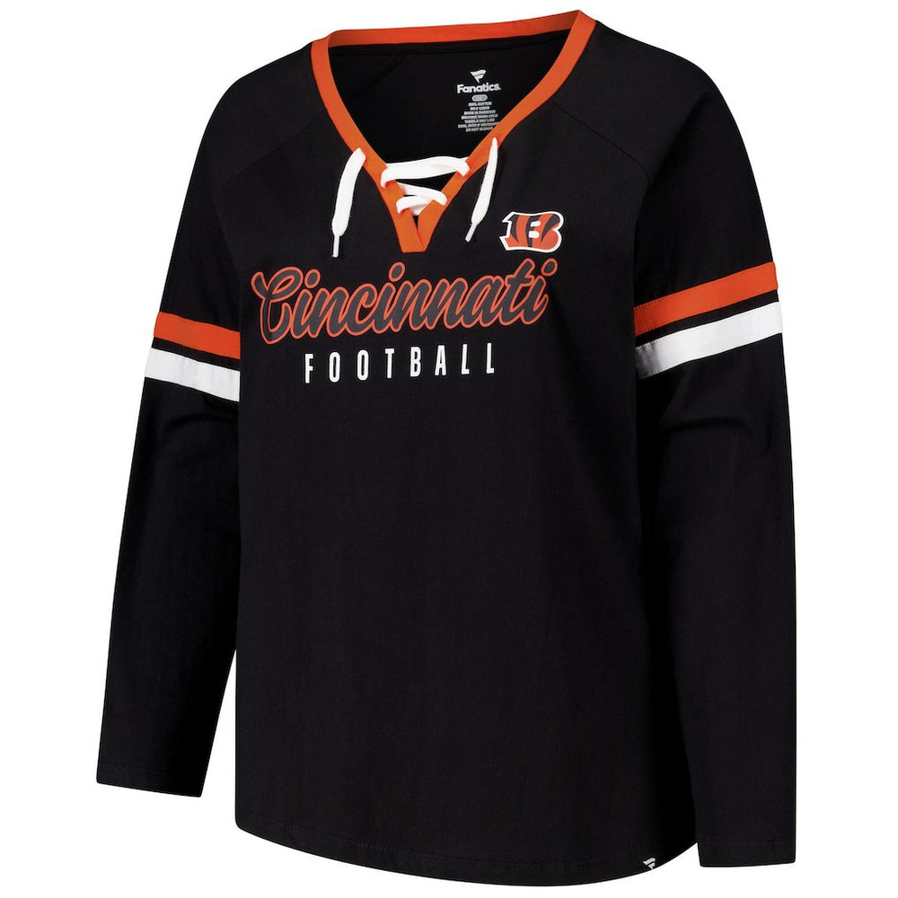 Cincinnati Bengals Fanatics Women's Plus Size Won & Done Lace-Up V-Neck Long Sleeve T-Shirt