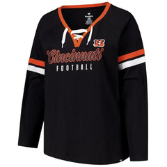 Cincinnati Bengals Fanatics Women's Plus Size Won & Done Lace-Up V-Neck Long Sleeve T-Shirt