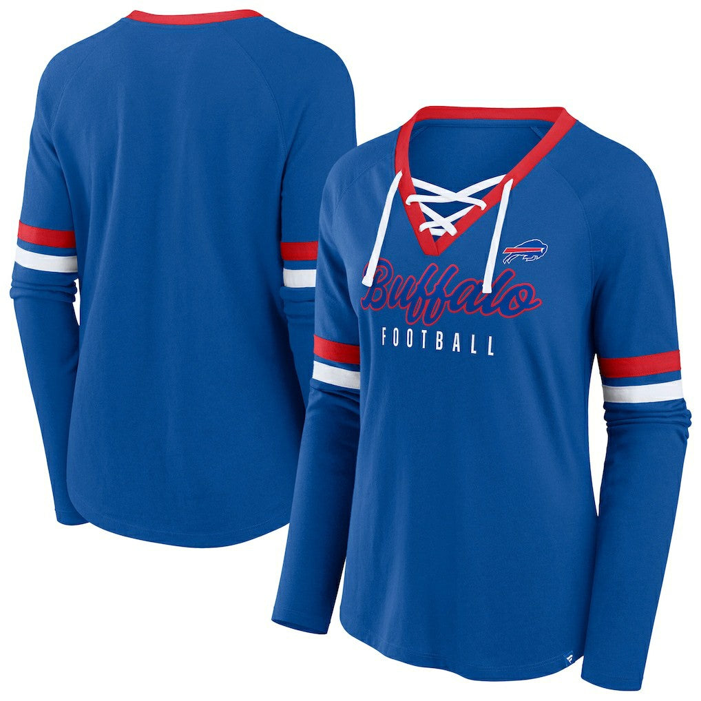 Buffalo Bills Fanatics Women's Plus Size Won & Done Lace-Up V-Neck Long Sleeve T-Shirt
