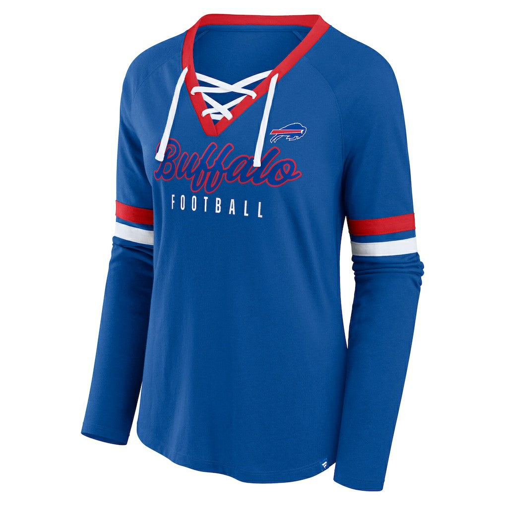 Buffalo Bills Fanatics Women's Plus Size Won & Done Lace-Up V-Neck Long Sleeve T-Shirt