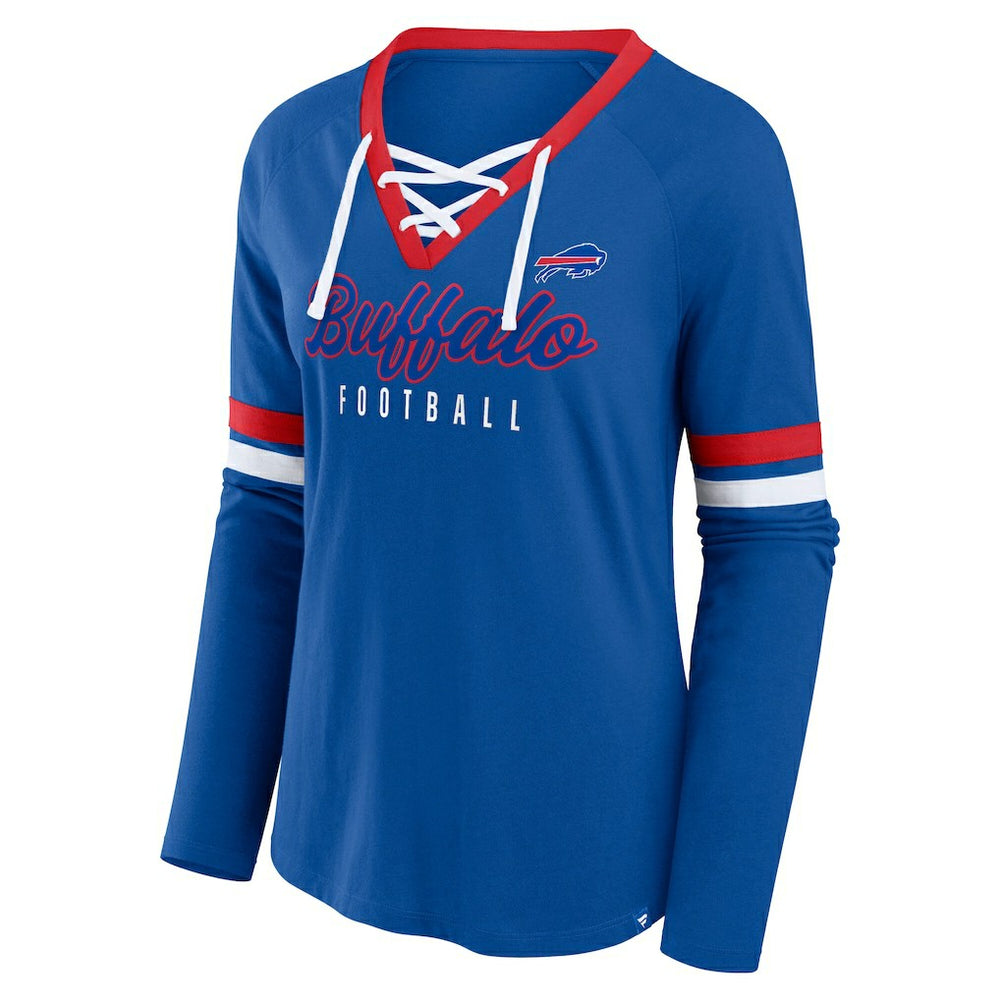 Buffalo Bills Fanatics Women's Plus Size Won & Done Lace-Up V-Neck Long Sleeve T-Shirt