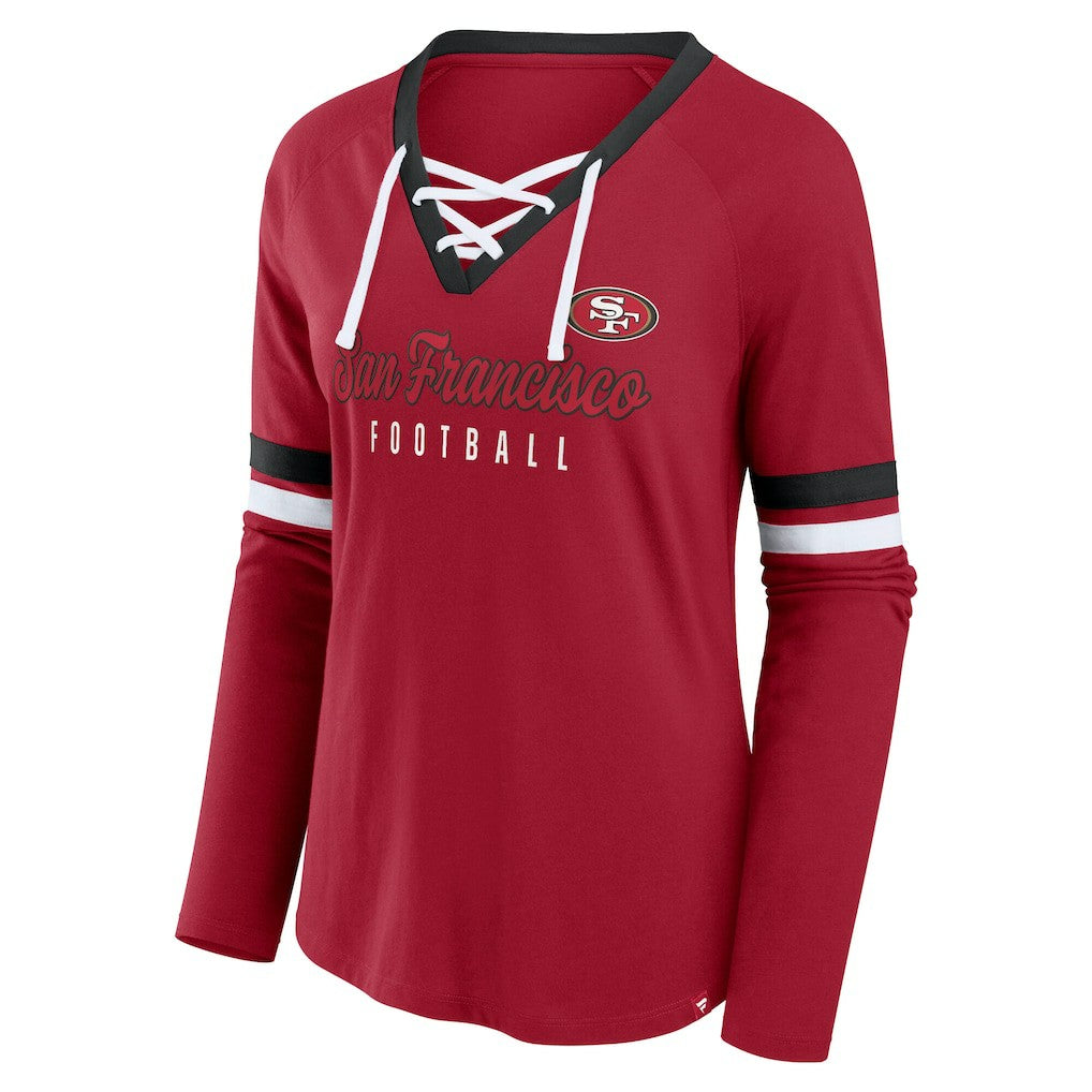 San Francisco 49ers Fanatics Women's Plus Size Won & Done Lace-Up V-Neck Long Sleeve T-Shirt