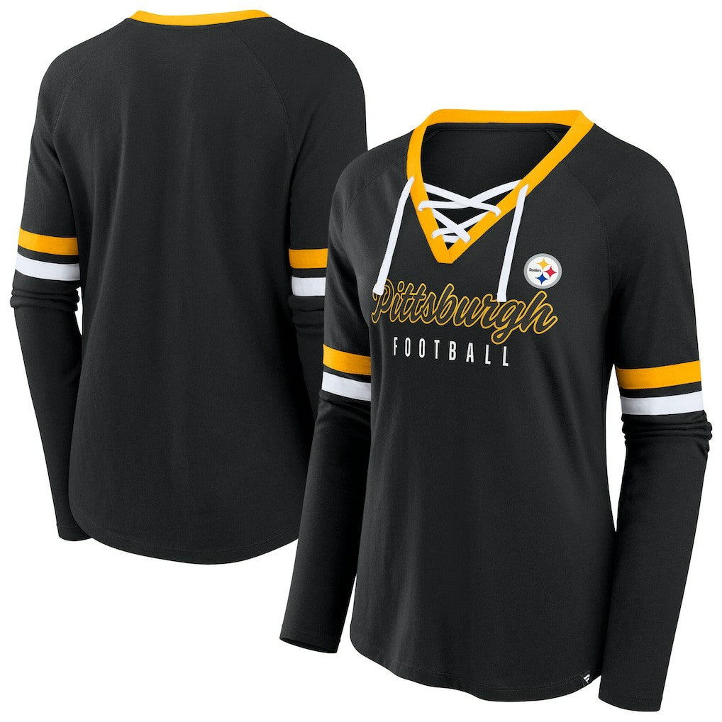 Pittsburgh Steelers Fanatics Women's Plus Size Won & Done Lace-Up V-Neck Long Sleeve T-Shirt