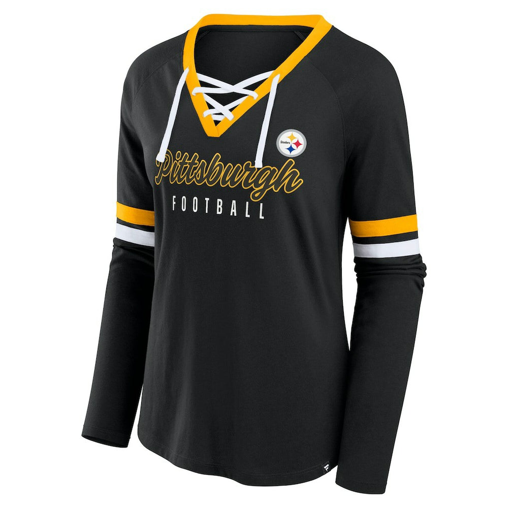 Pittsburgh Steelers Fanatics Women's Plus Size Won & Done Lace-Up V-Neck Long Sleeve T-Shirt