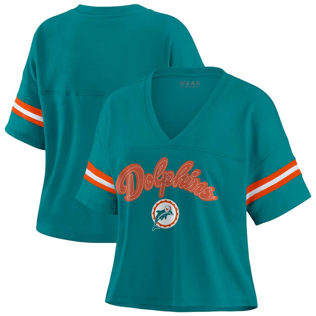 Miami Dolphins  WEAR by Erin Andrews Women's Plus Size Color Block Boxy V-Neck T-Shirt