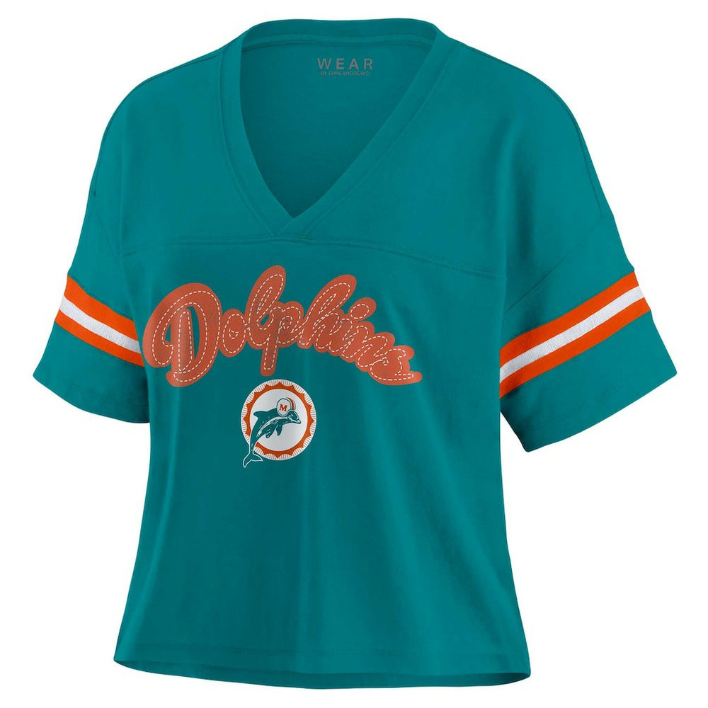 Miami Dolphins  WEAR by Erin Andrews Women's Plus Size Color Block Boxy V-Neck T-Shirt