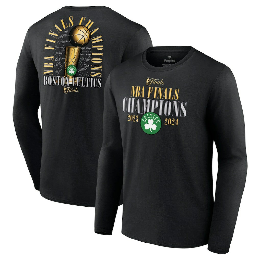 Boston Celtics 2024 NBA Finals Champions Fade Away Jumper Roster Signature Long Sleeve T-Shirt On Sale