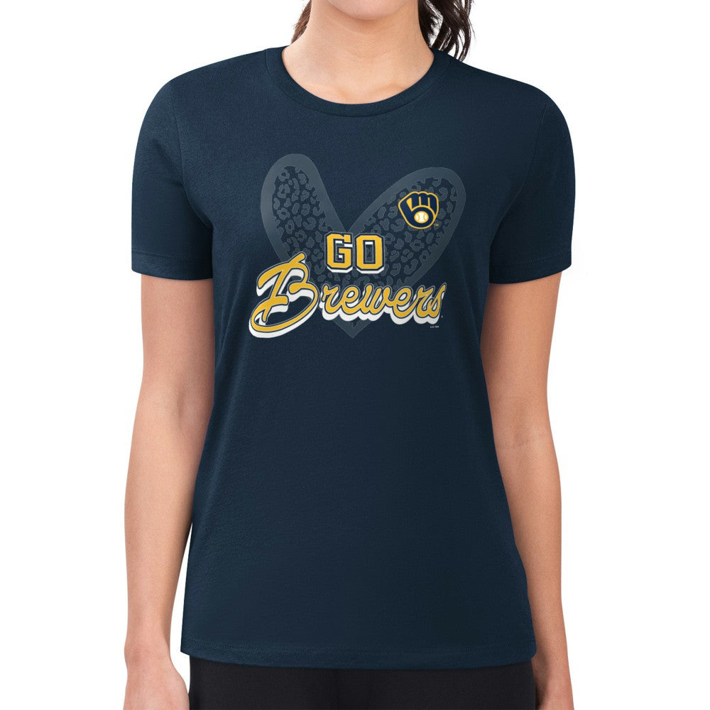Milwaukee Brewers G-III 4Her by Carl Banks Women's Super-Slim Fit Lightweight Leopard Heart T-Shirt | MLB On Sale