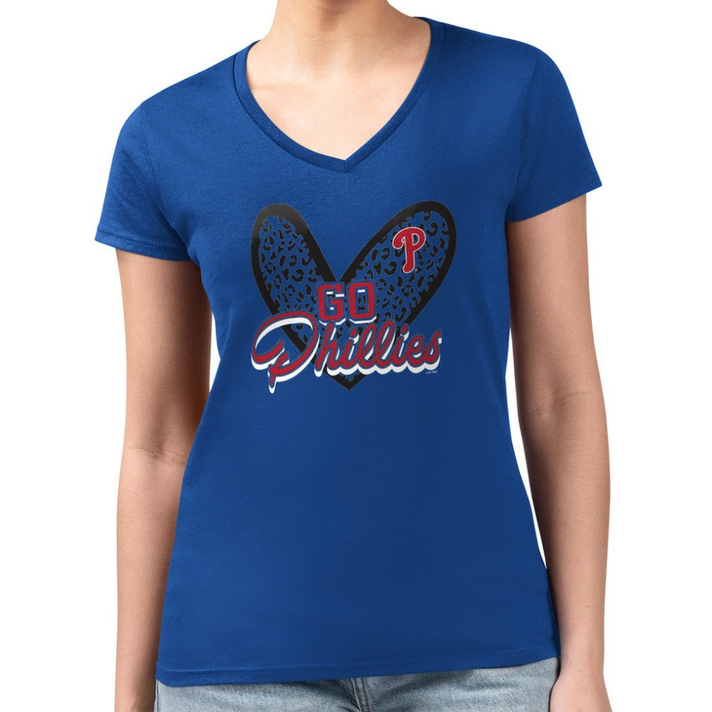 Philadelphia Phillies G-III 4Her by Carl Banks Women's Super-Slim Fit Lightweight Leopard Heart V-Neck T-Shirt | MLB For sale