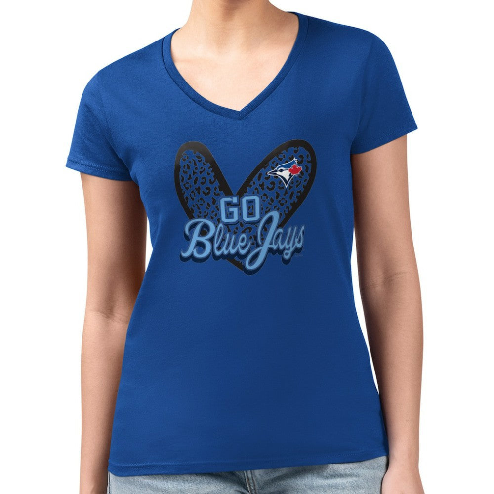 Toronto Blue Jays G-III 4Her by Carl Banks Women's Super-Slim Fit Lightweight Leopard Heart V-Neck T-Shirt | MLB On Sale