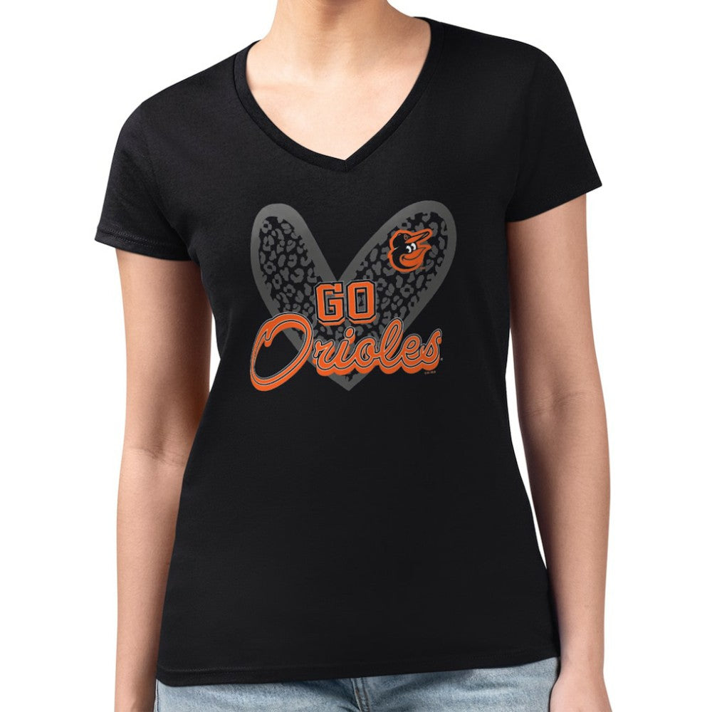 Baltimore Orioles G-III 4Her by Carl Banks Women's Super-Slim Fit Lightweight Leopard Heart V-Neck T-Shirt | MLB Online