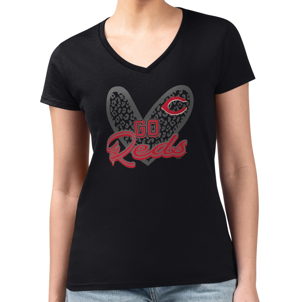 Cincinnati Reds G-III 4Her by Carl Banks Women's Super-Slim Fit Lightweight Leopard Heart V-Neck T-Shirt | MLB For sale